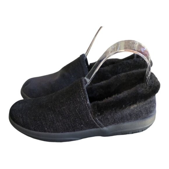 Vionic Clare Cozy Collar Slippers Black Marl Velvet Faux Shearling Lining Sz 7.5 - Picture 1 of 6